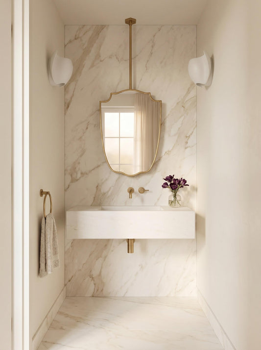Suspended Brass Mirror – Modern Ceiling Mounted Vanity With Sculptural Shield Design