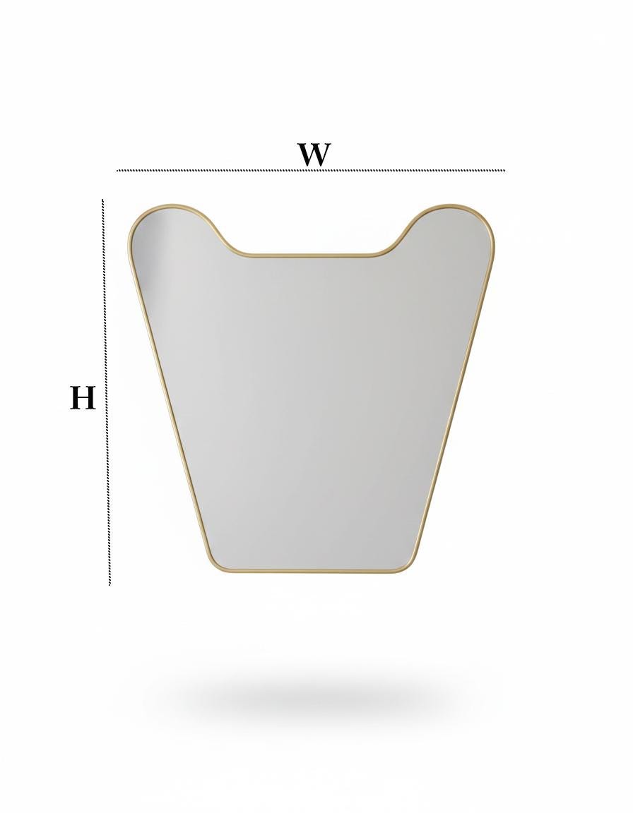 Custom curved brass mirror with width and height diagram