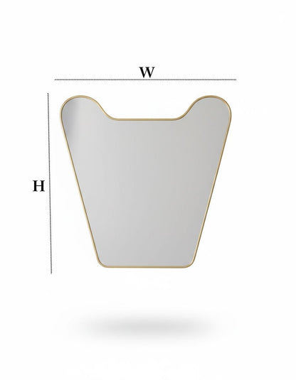 Custom curved brass mirror with width and height diagram