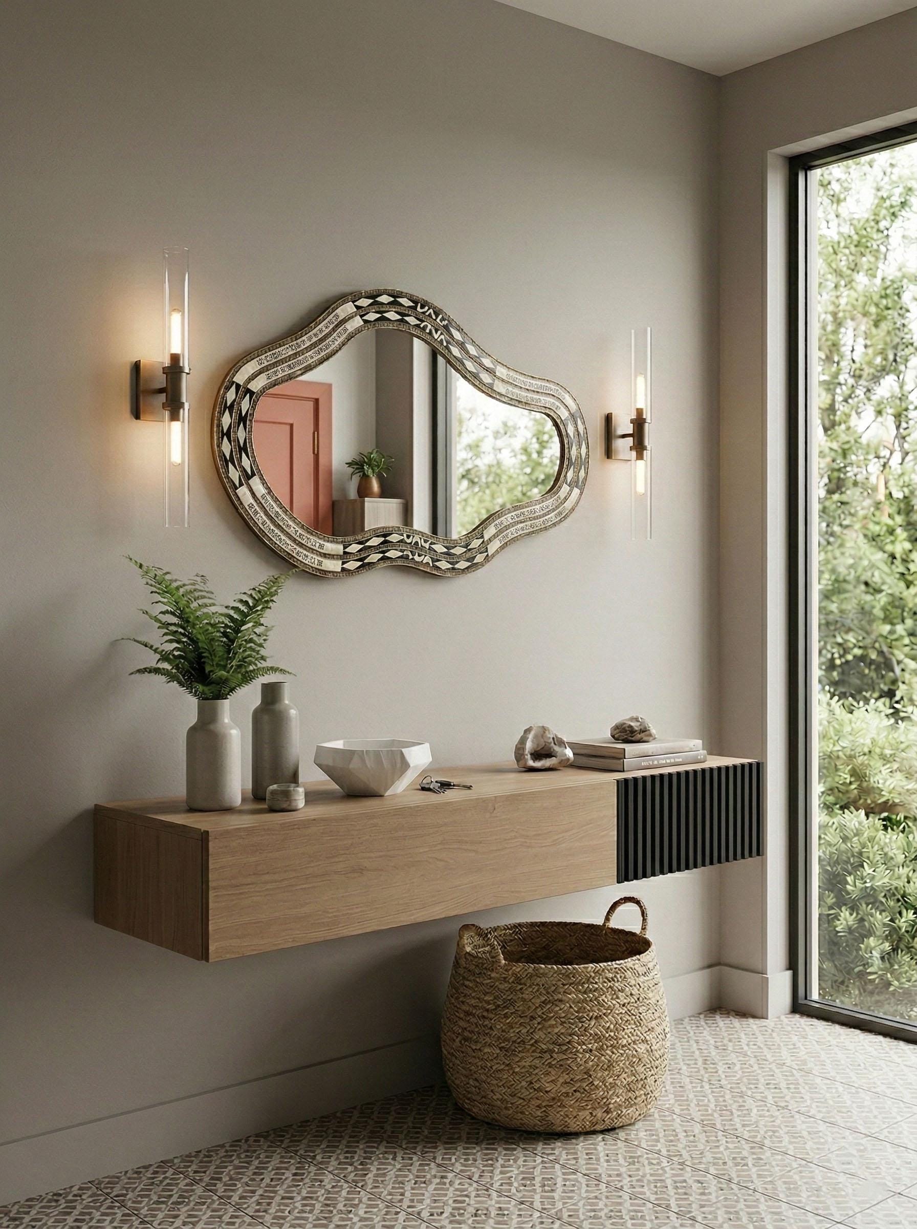 Freeform bone and brass mirror above floating wood console with wall sconces