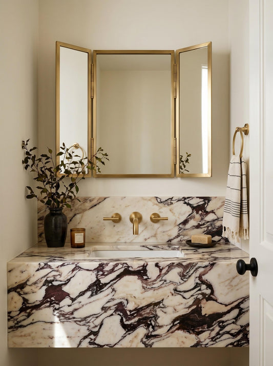 Luxury brass triptych mirror over marble sink.