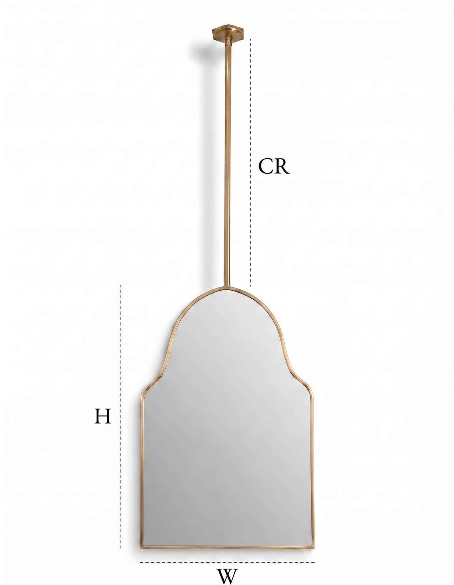 Brass mirror dimension guide with CR, height, and width