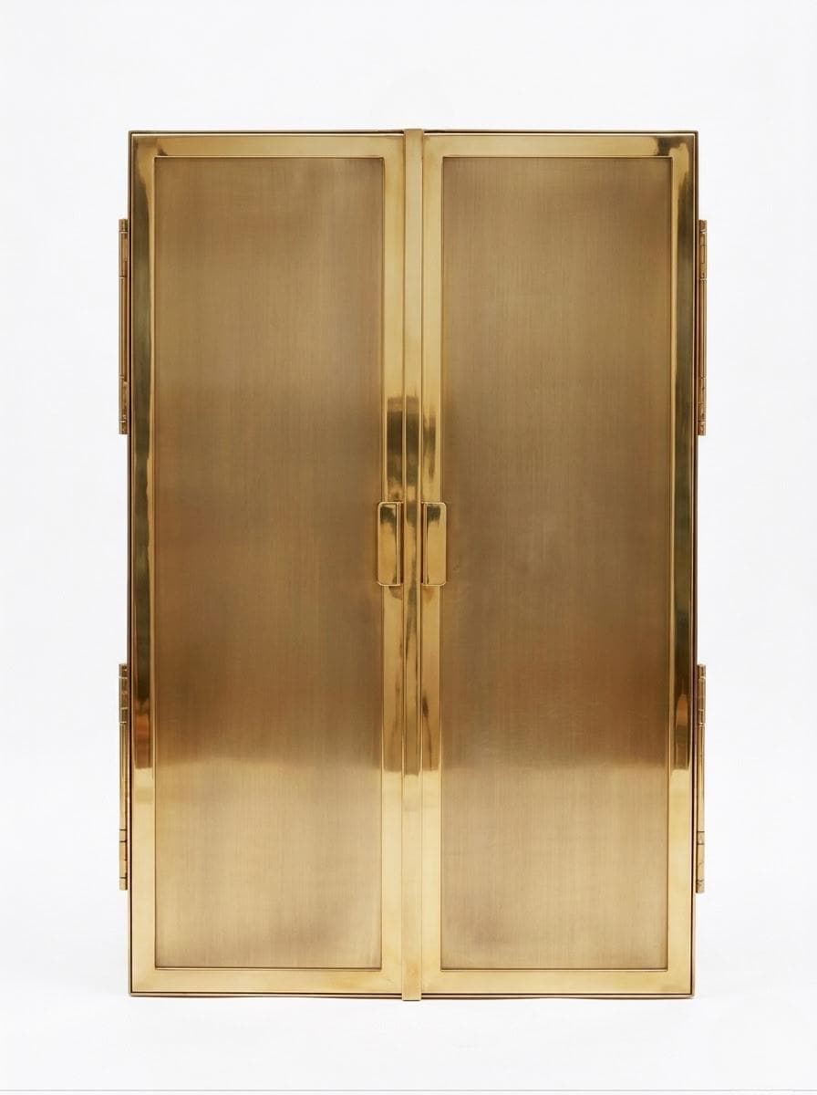 Closed brass trifold vanity mirror with hinged panels.