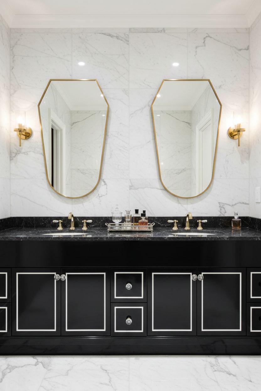 Double vanity bathroom with matching crest brass mirrors