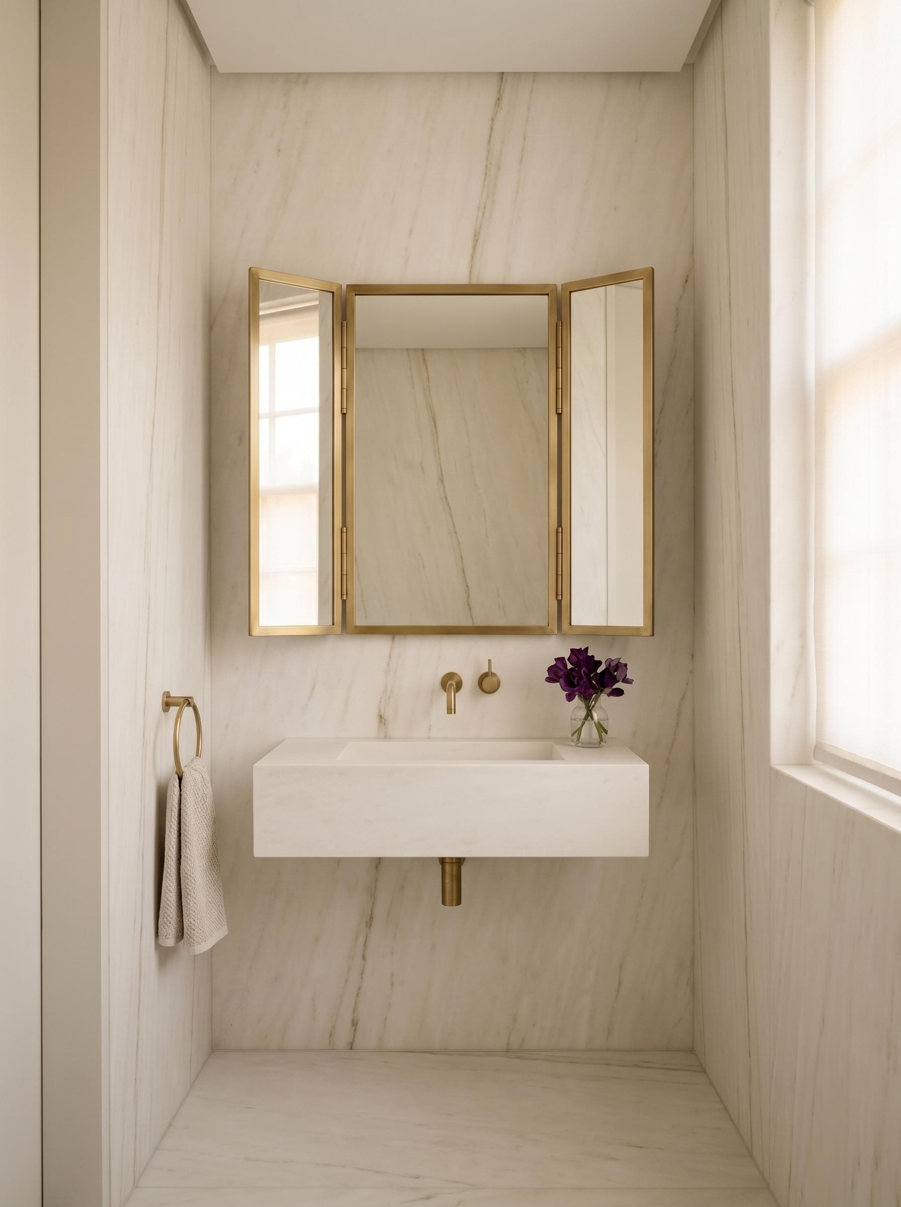 Brass three-panel mirror in minimalist marble bathroom.