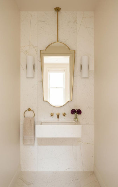 Suspended Brass Mirror – Ceiling Mounted Decorative Shield Wall Mirror