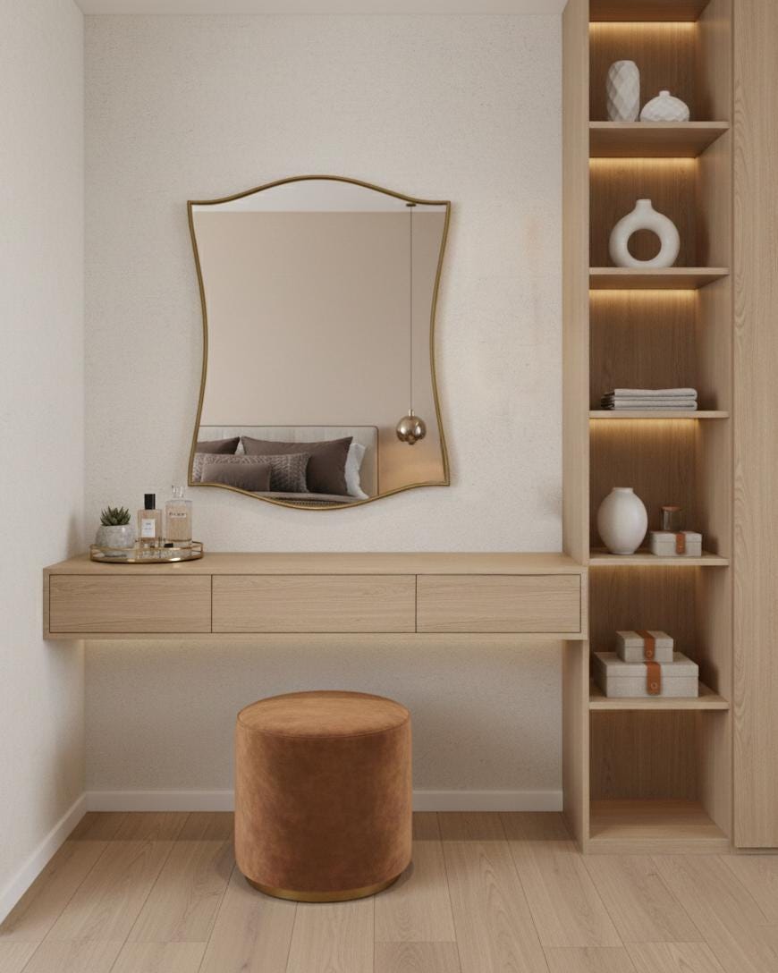 Handmade scalloped brass mirror above dressing table