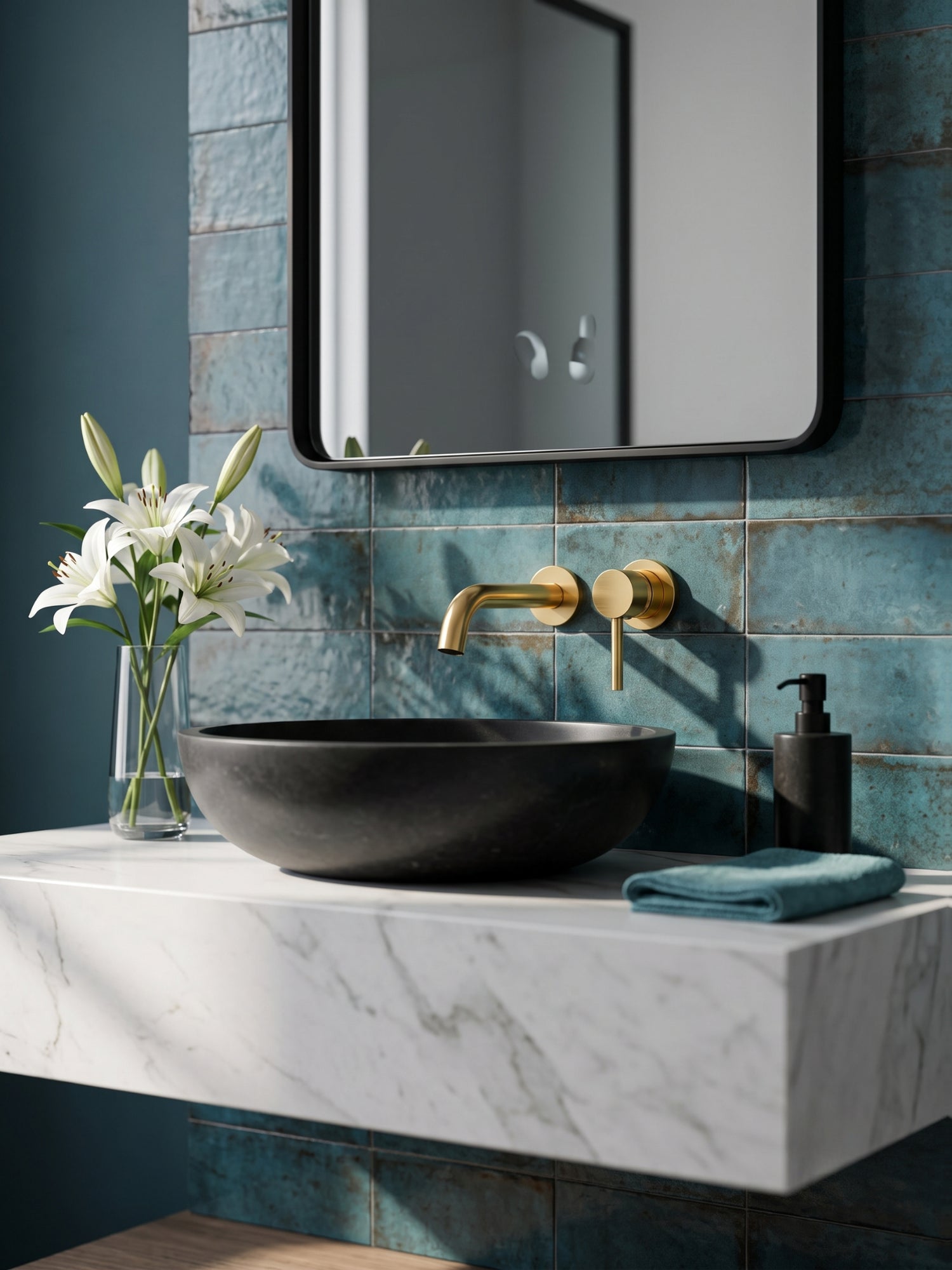 Solid brass wall mounted sink mixer styled in a luxury bathroom with blue ceramic tiles and black stone vessel sink.