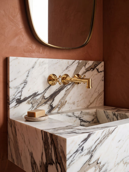 Close-up of a handcrafted solid brass wall mixer installed on a Calacatta marble backsplash with an integrated marble sink.