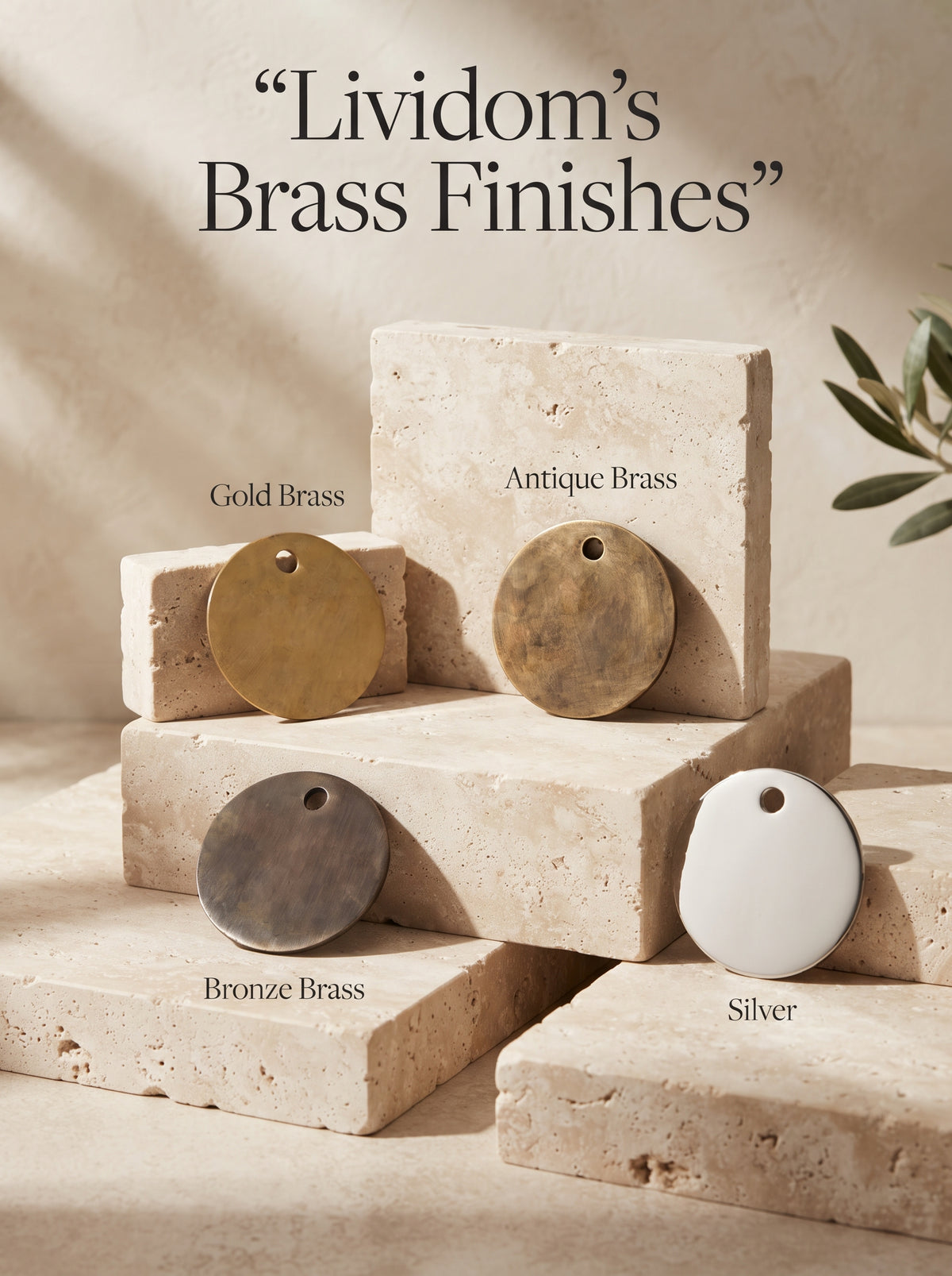 Four round finish samples labeled Gold Brass, Antique Brass, Bronze Brass, and Silver, arranged on beige stone blocks.