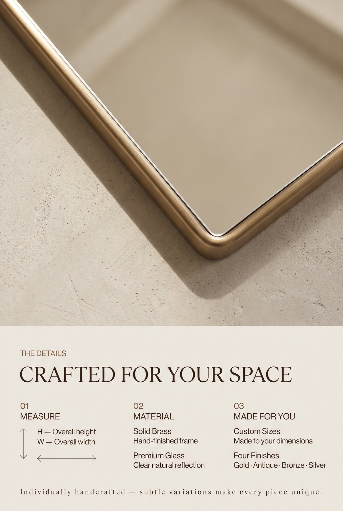 Close-up of a rounded brass mirror frame with height and width guidance, material details, and custom sizing options.
