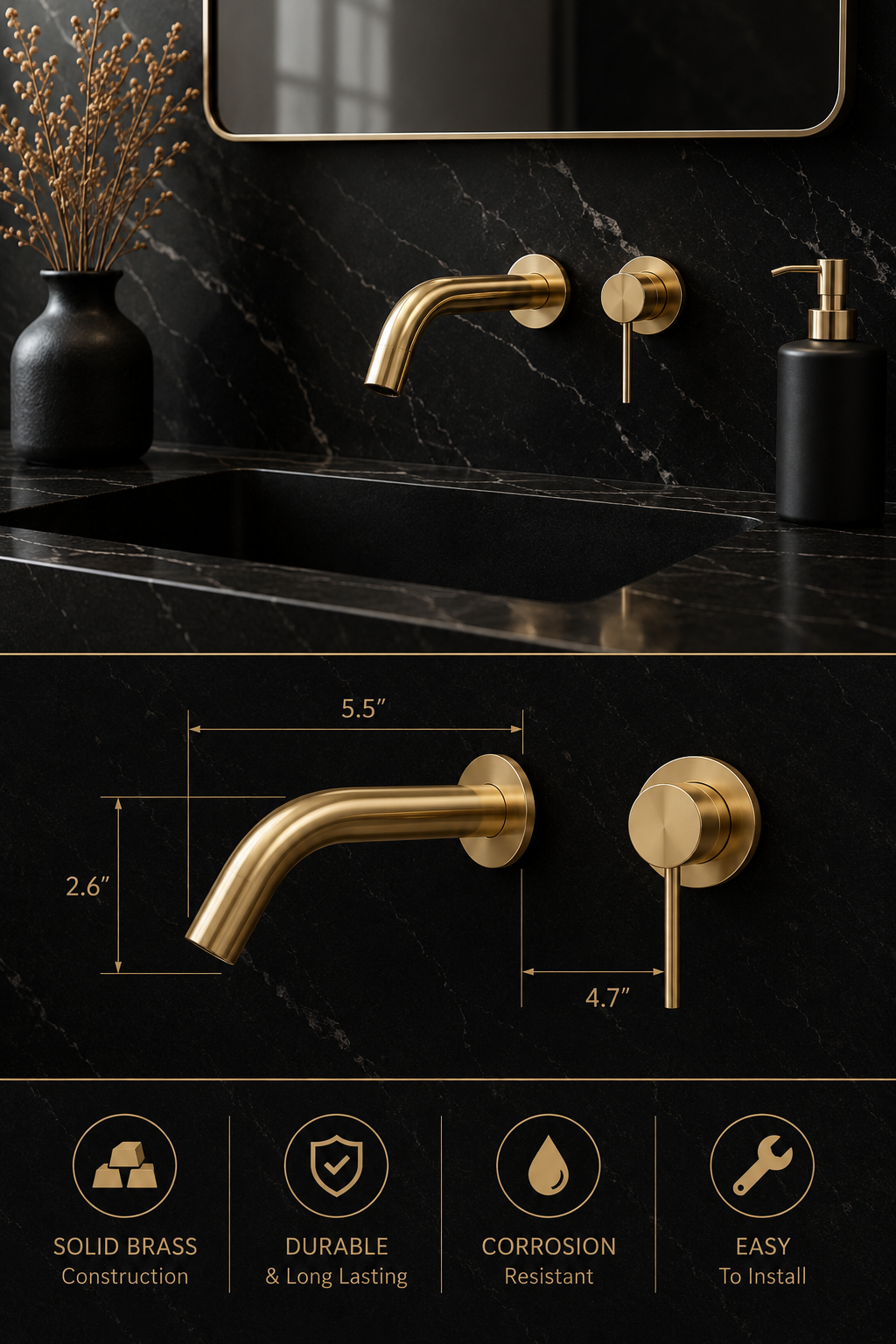 Wall-mounted solid brass bathroom faucet with dimensions and premium feature icons.