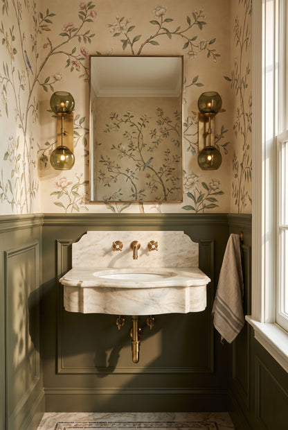 Rectangular brass mirror between green glass sconces above a marble sink, with floral wallpaper and olive paneling.
