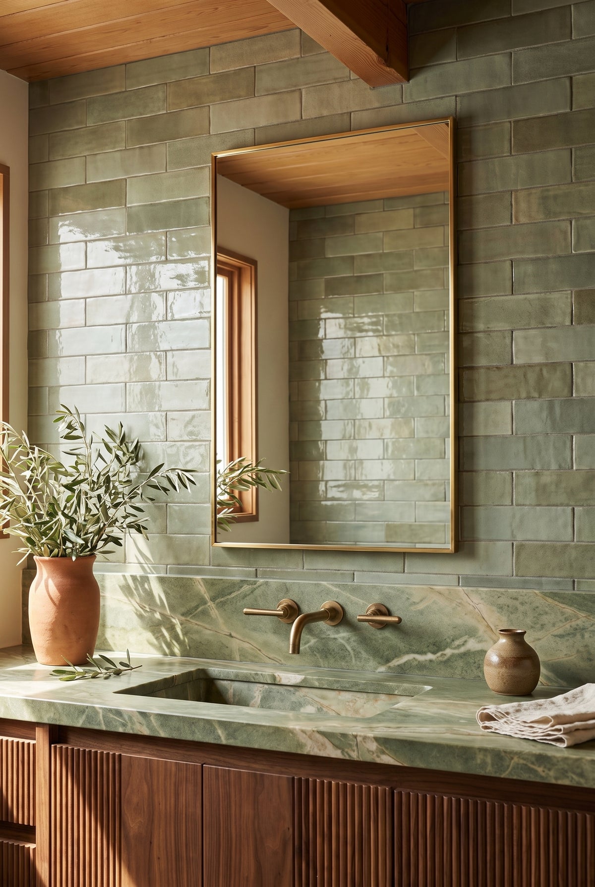 Rectangular brass mirror against sage tiles above a green marble sink and fluted wooden vanity.