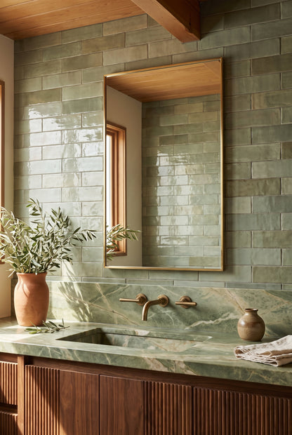 Rectangular brass mirror against sage tiles above a green marble sink and fluted wooden vanity.