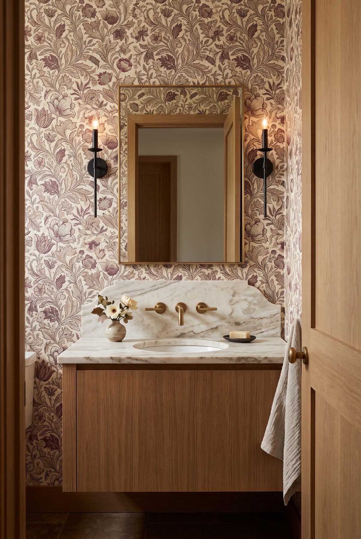 Rectangular brass mirror between black candle sconces above a marble-topped oak vanity against burgundy floral wallpaper.
