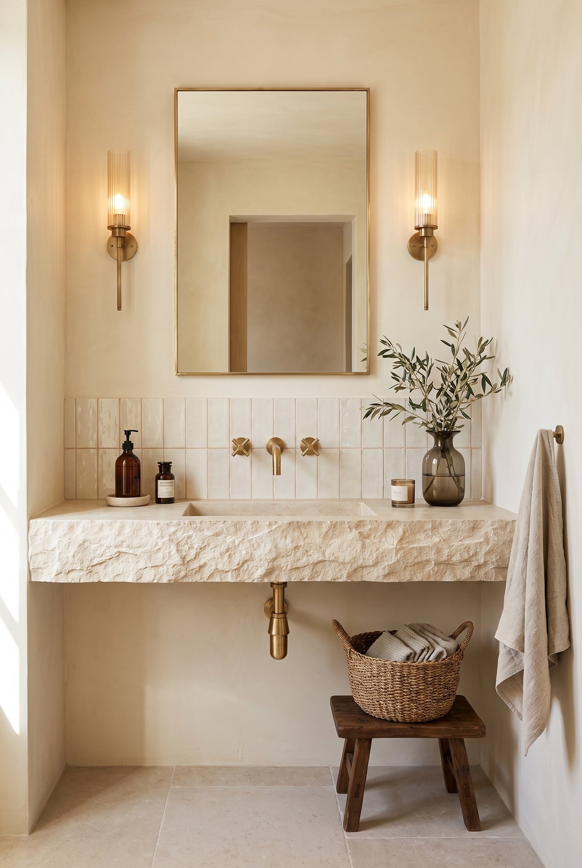1. Rectangular brass mirror flanked by glass sconces above a rough stone sink with wall-mounted brass faucets.