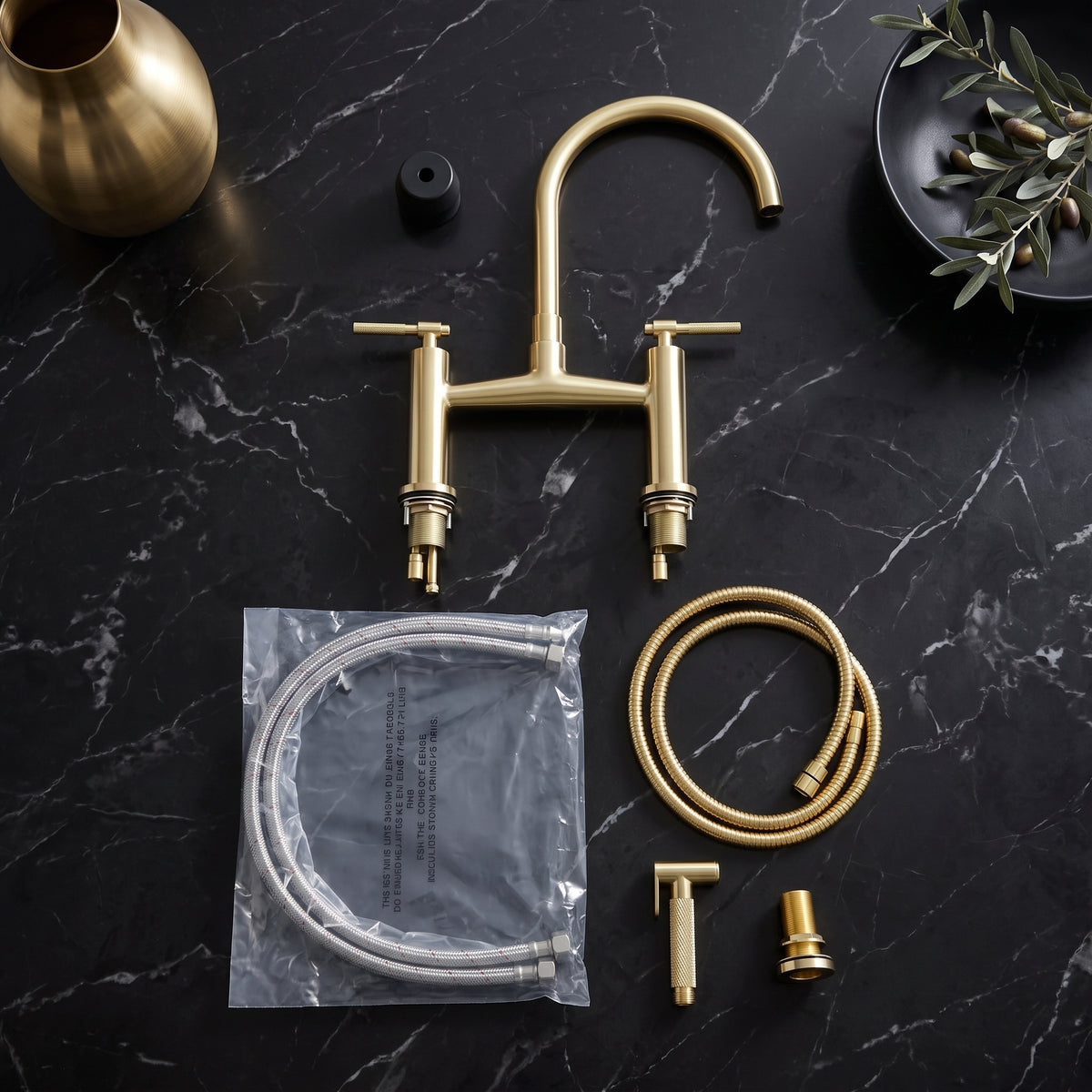 Solid brass bridge kitchen faucet set with high arc spout, side sprayer, hose, and installation components.