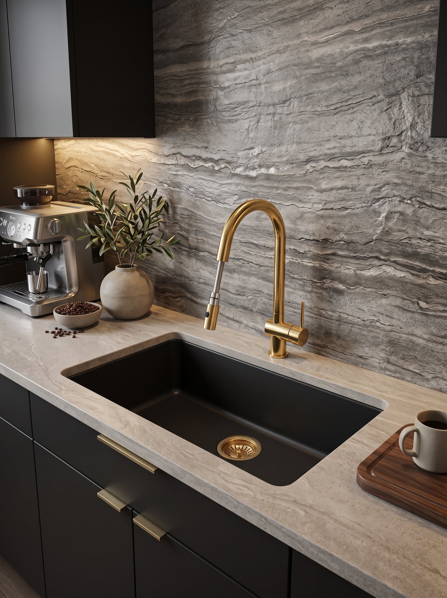 Brass gooseneck pull-down faucet over black kitchen sink