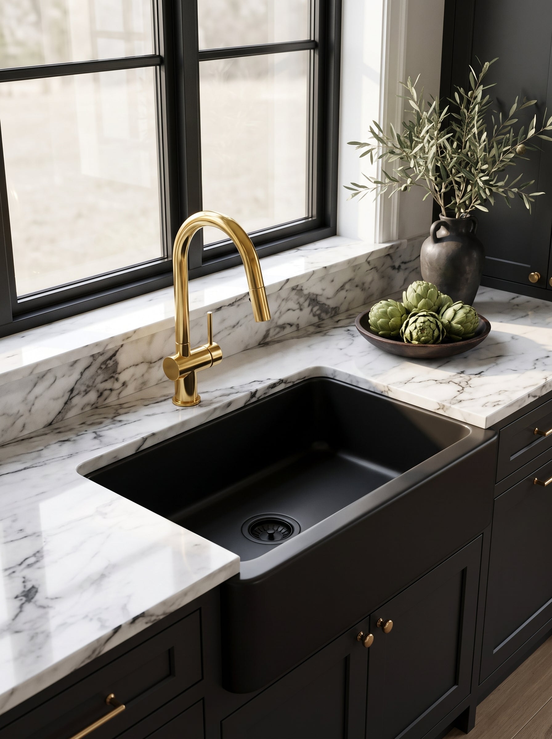 Unlacquered brass gooseneck faucet over black farmhouse sink