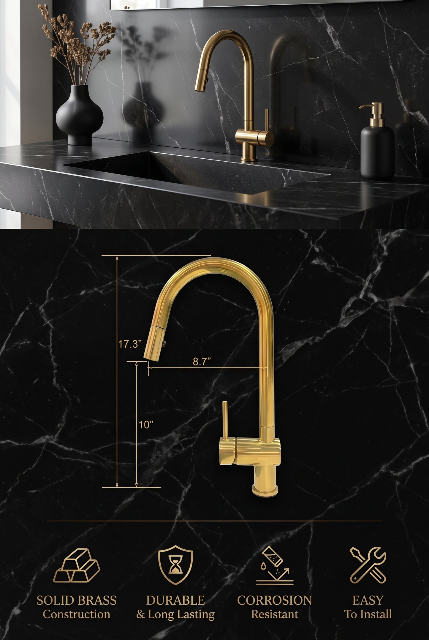 Unlacquered brass kitchen faucet dimensions and features