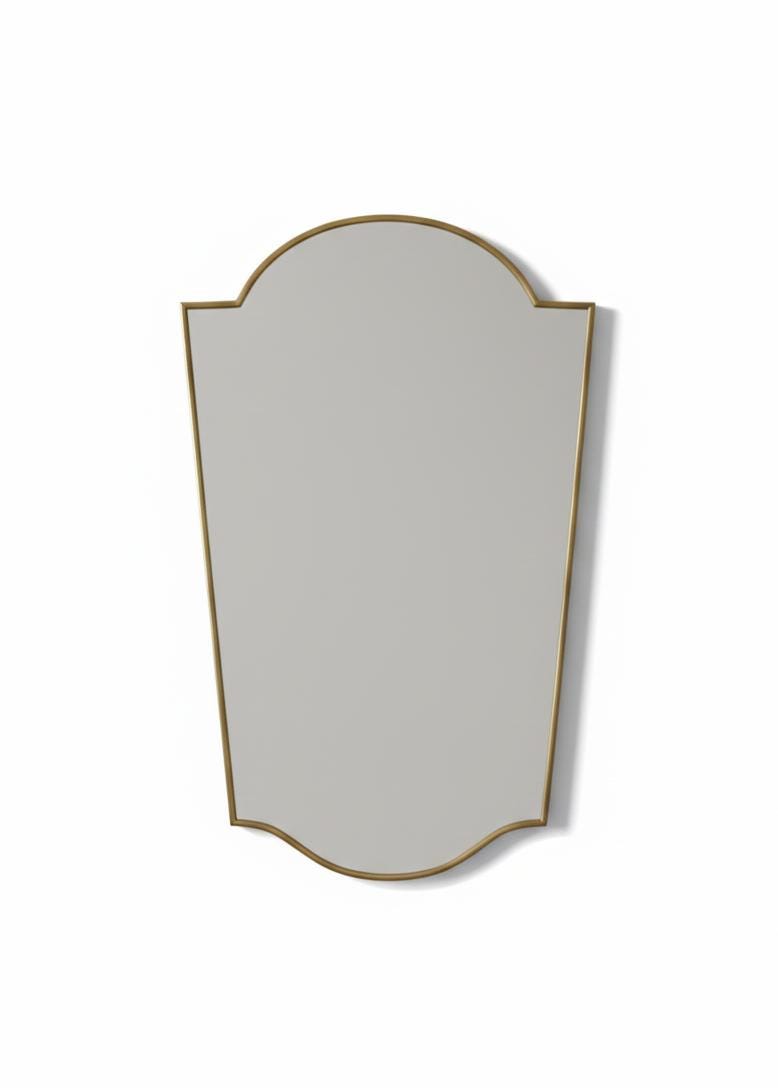 Close-up of modern shield brass mirror frame