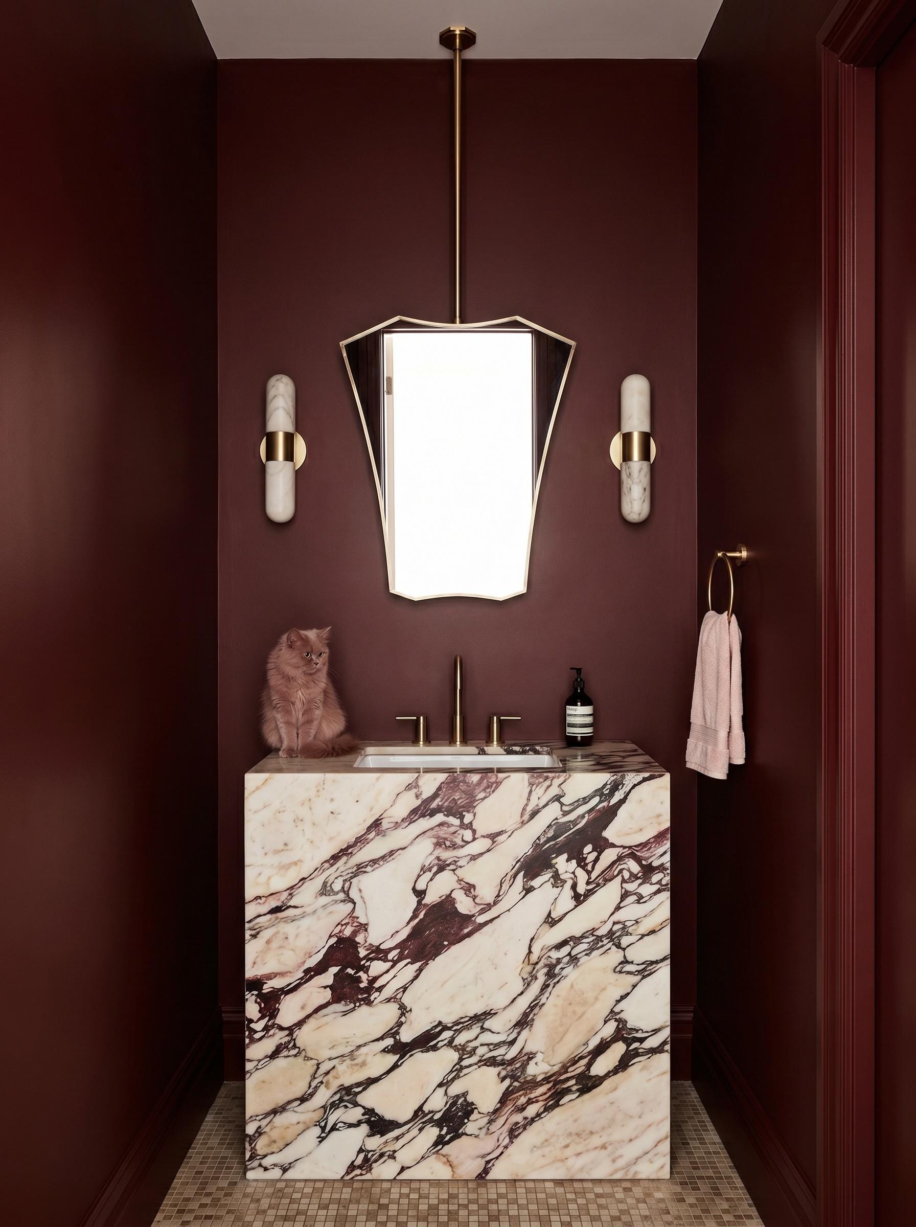 Contemporary hanging brass mirror in moody powder room