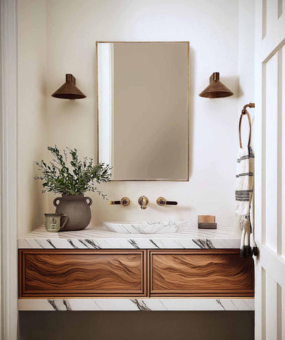 Rectangle brass mirror in a bathroom