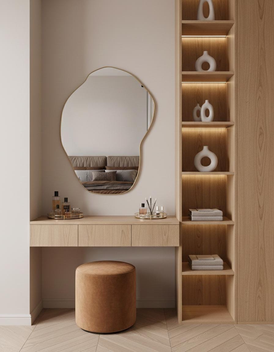 Organic shaped brass mirror in minimalist dressing area with wood shelves