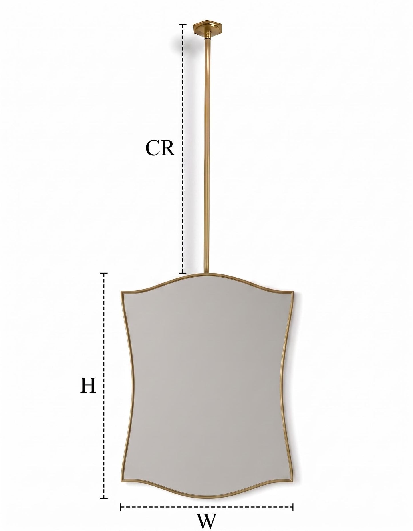 Suspended curved brass mirror with ceiling rod measurement guide
