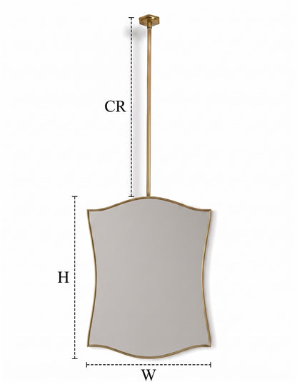 Suspended curved brass mirror with ceiling rod measurement guide