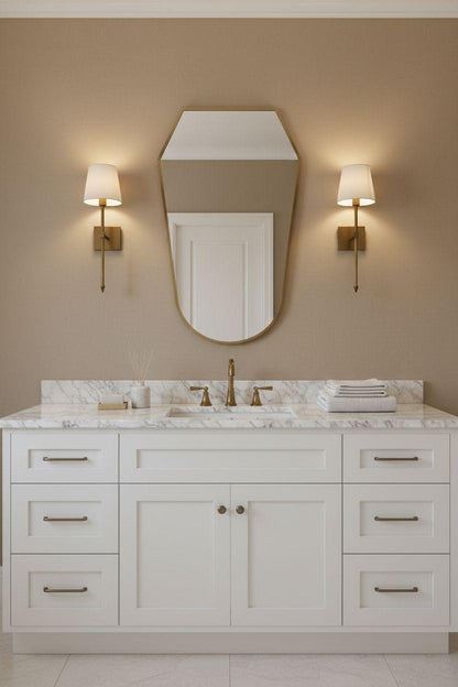 Shield brass bathroom vanity mirror with wall sconces