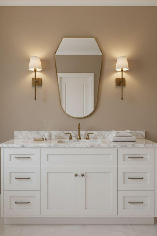 Shield brass bathroom vanity mirror with wall sconces