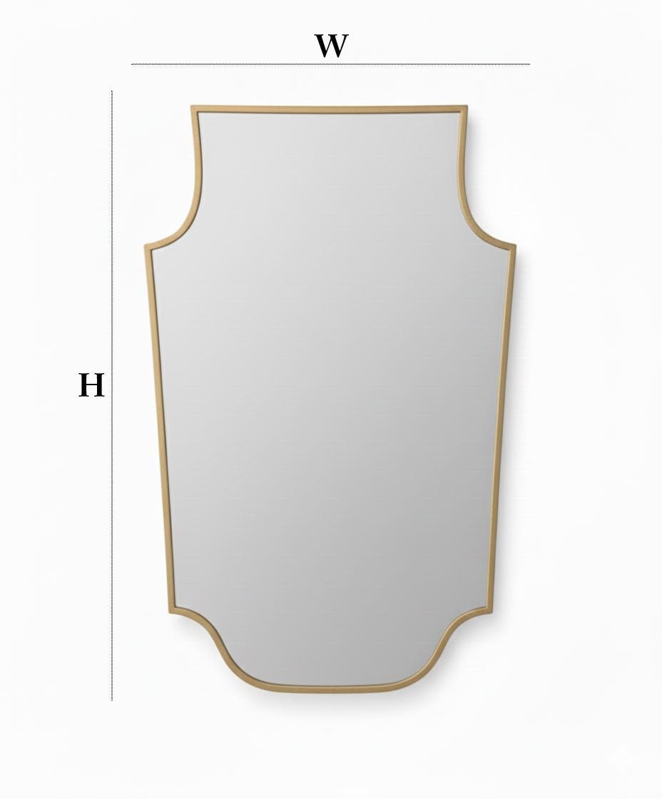 Shield brass mirror with width and height measurement guide