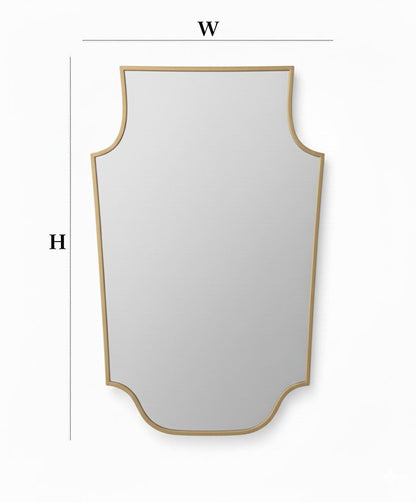 Shield brass mirror with width and height measurement guide