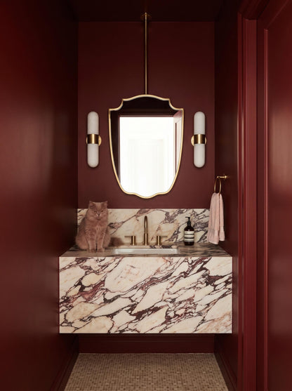 Decorative hanging brass mirror with sculptural curves in a moody powder room.