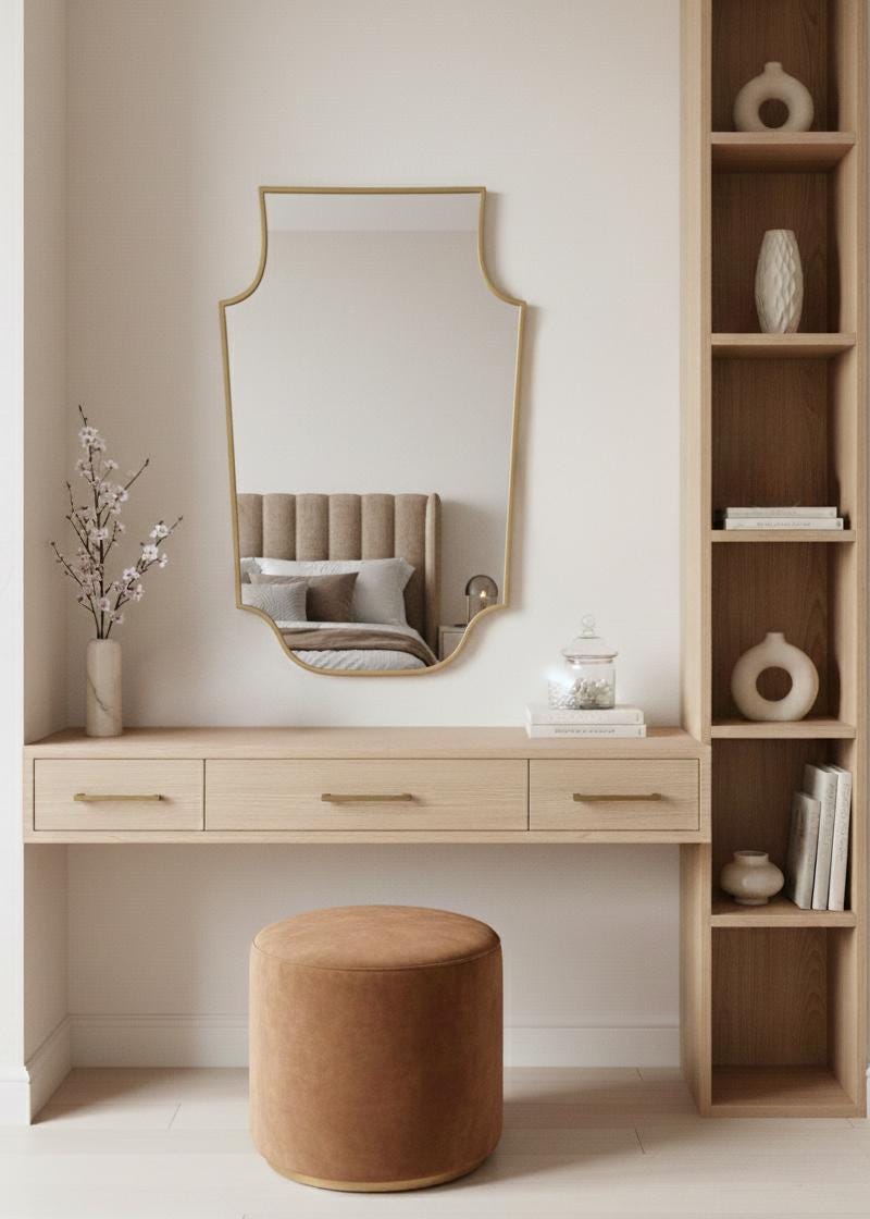 Shield brass mirror over wooden vanity desk in bedroom