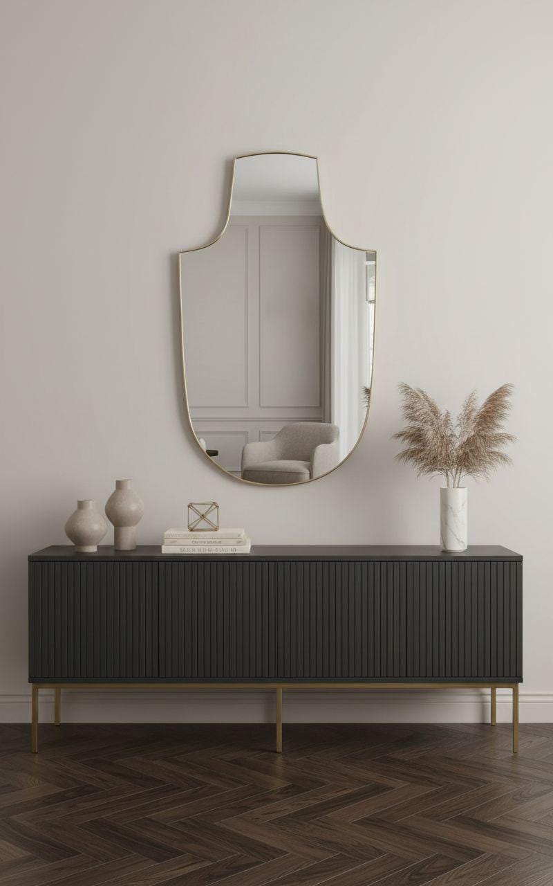 Handmade shield brass mirror styled above black sideboard