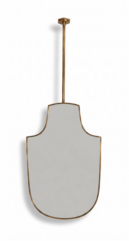Handmade suspended shield brass mirror with slim unlacquered brass frame
