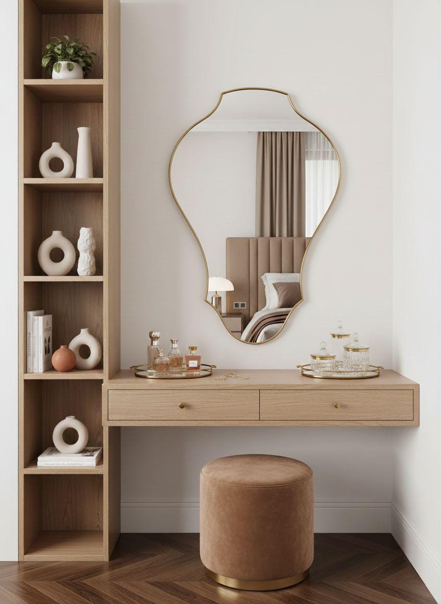 Organic curved brass mirror above wooden dressing table
