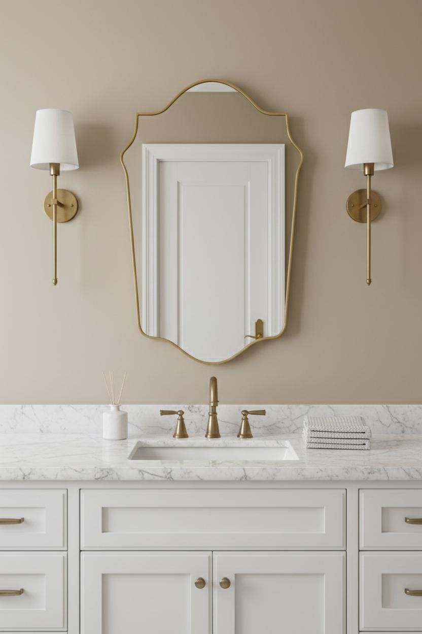 Arched crest brass bathroom mirror with wall sconces