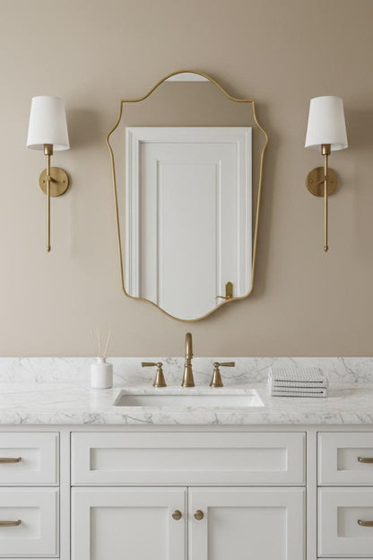 Arched crest brass bathroom mirror with wall sconces