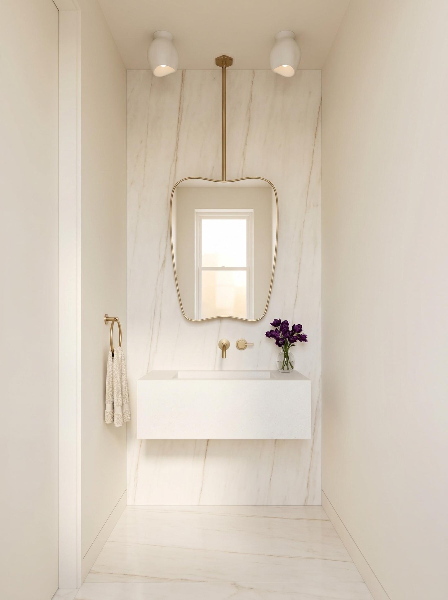 Suspended organic brass mirror with dimension guide and ceiling rod measurements