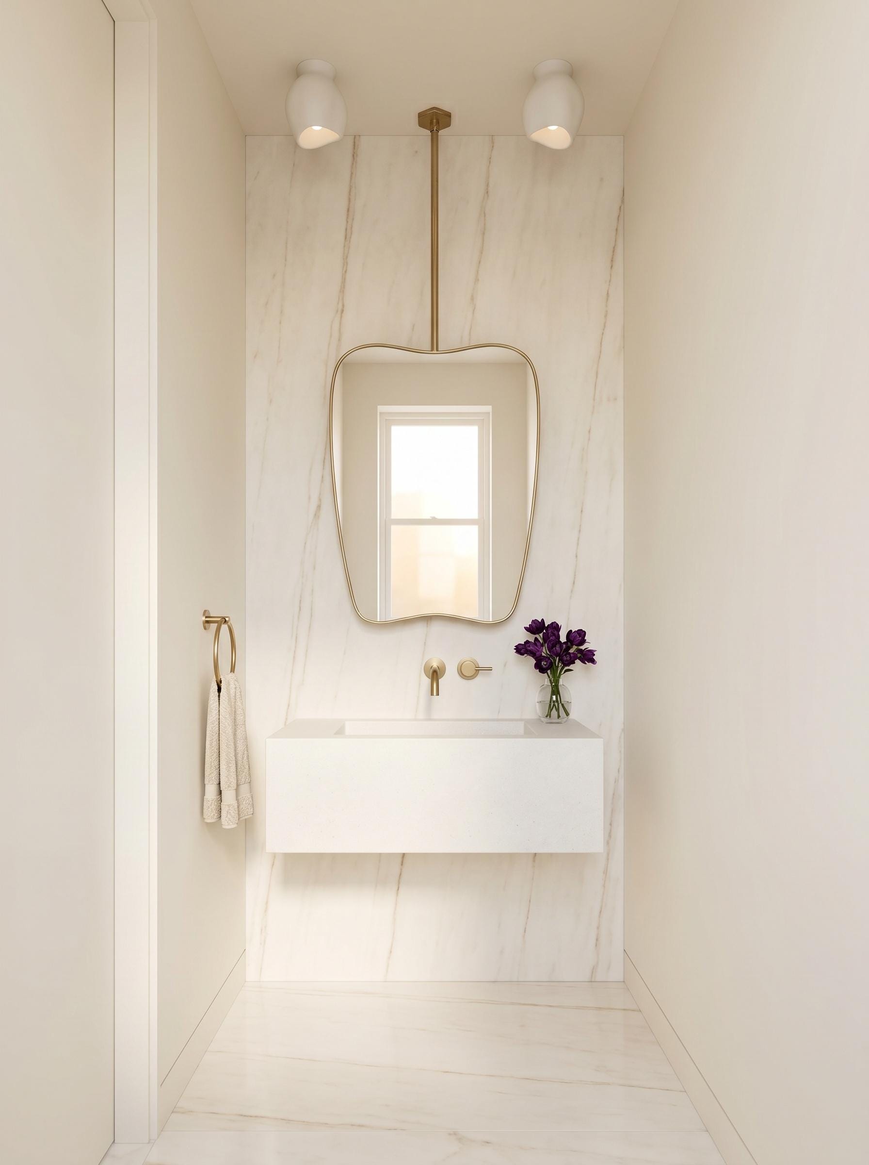 Suspended organic brass mirror with dimension guide and ceiling rod measurements