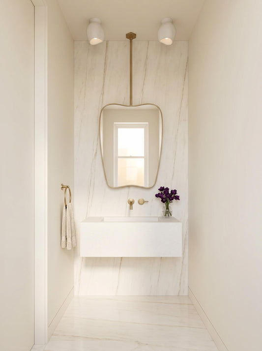 Suspended organic brass mirror with dimension guide and ceiling rod measurements