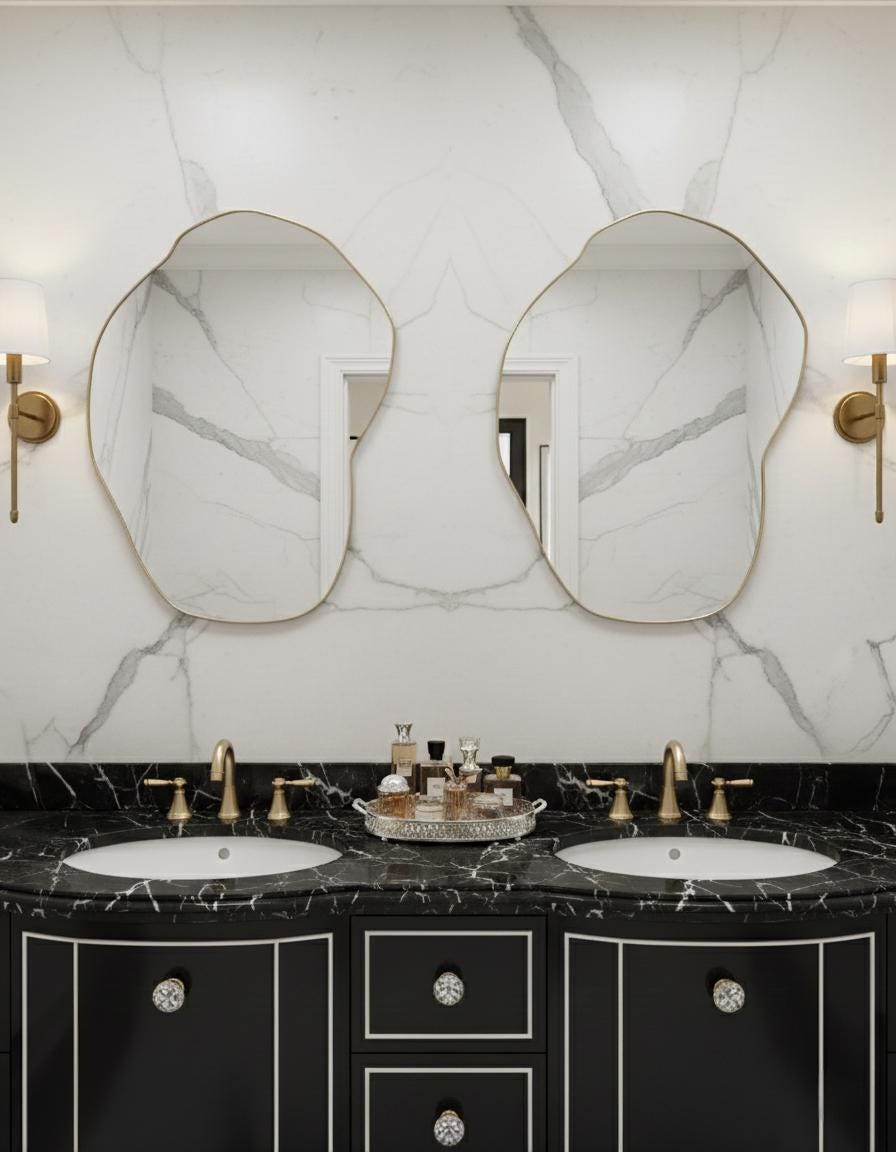 Pair of organic brass mirrors over double sink bathroom vanity