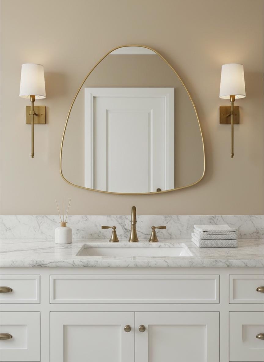Organic curved brass bathroom mirror with wall sconces