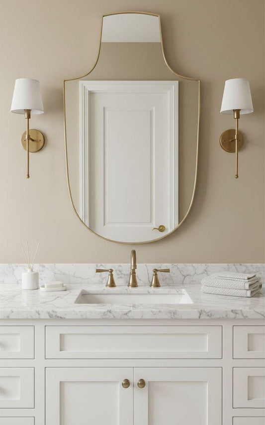 Shield-shaped brass mirror above white marble bathroom sink