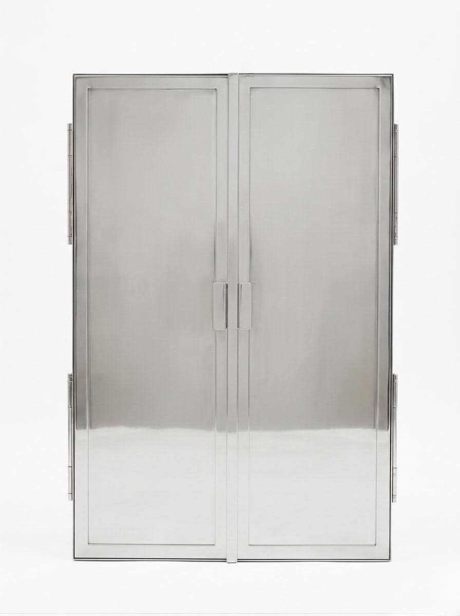 Closed polished silver trifold bathroom mirror.