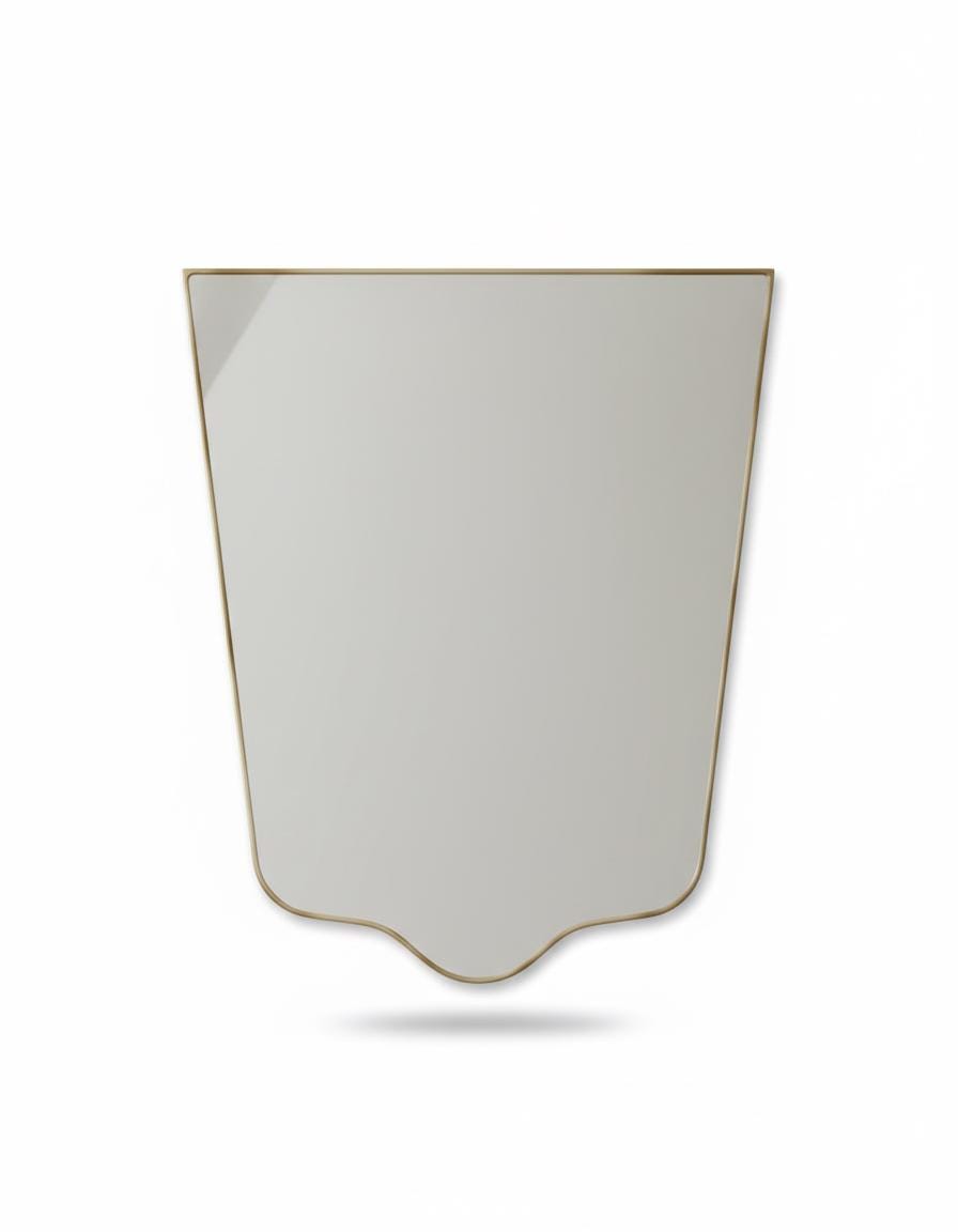 Irregular rectangular shield brass mirror in a white background.
